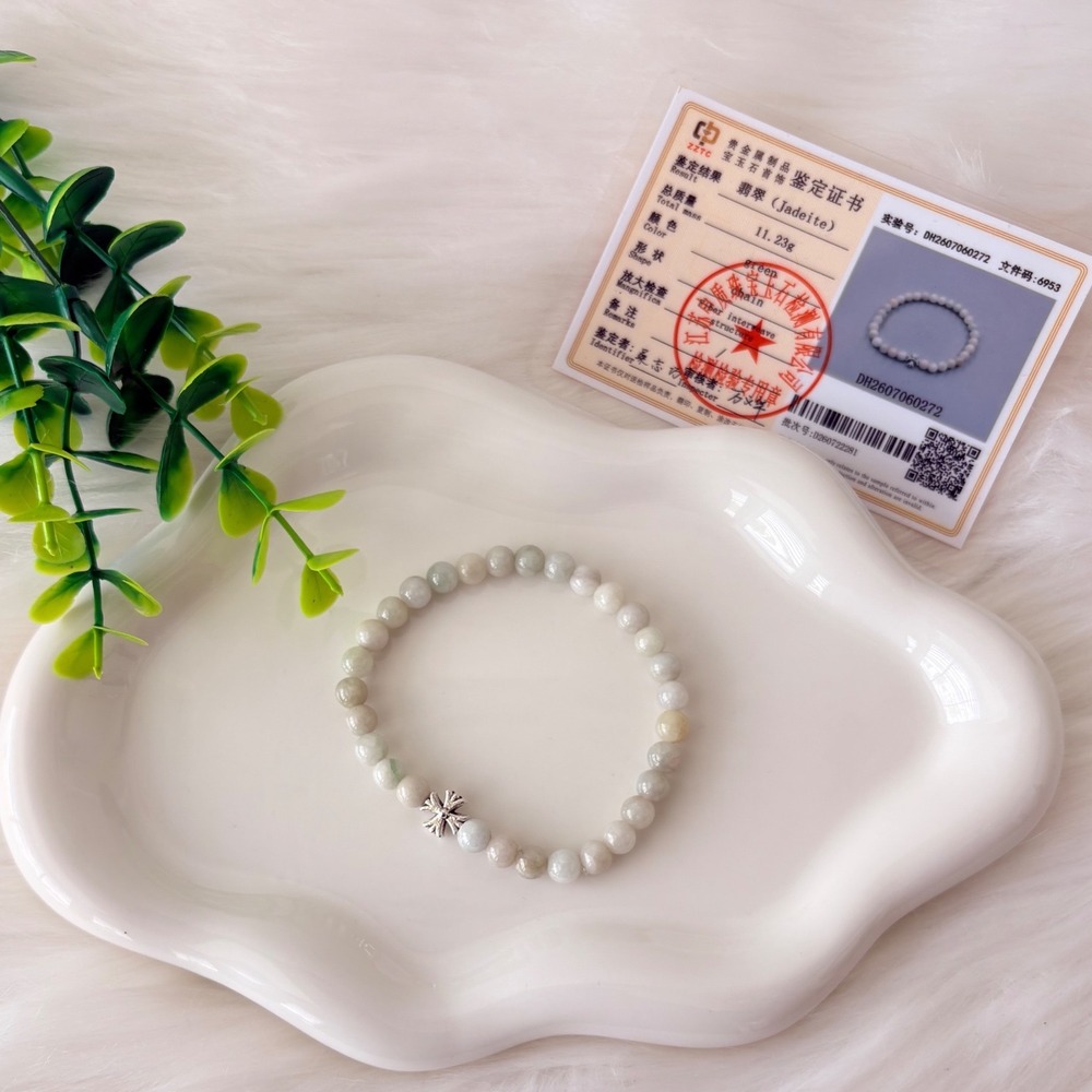 Authentic Jadeite Beaded Bracelet White Jade with Silver Cross Charm 11.23g